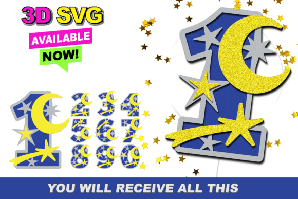Moon Stars Numbers 3D SVG for Laser Cutting Cake Toppers